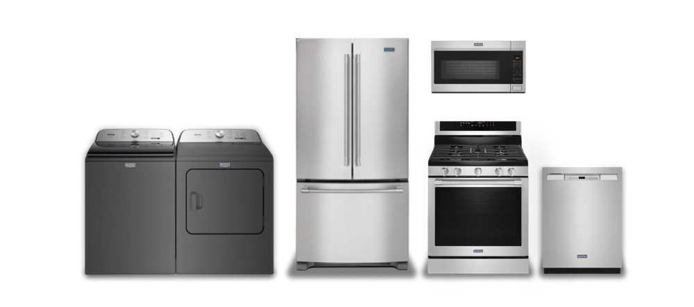 A Maytag® laundry pair, french door refrigerator, gas range, microwave and dishwasher.