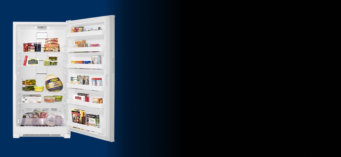 Maytag® upright freezer filled with food