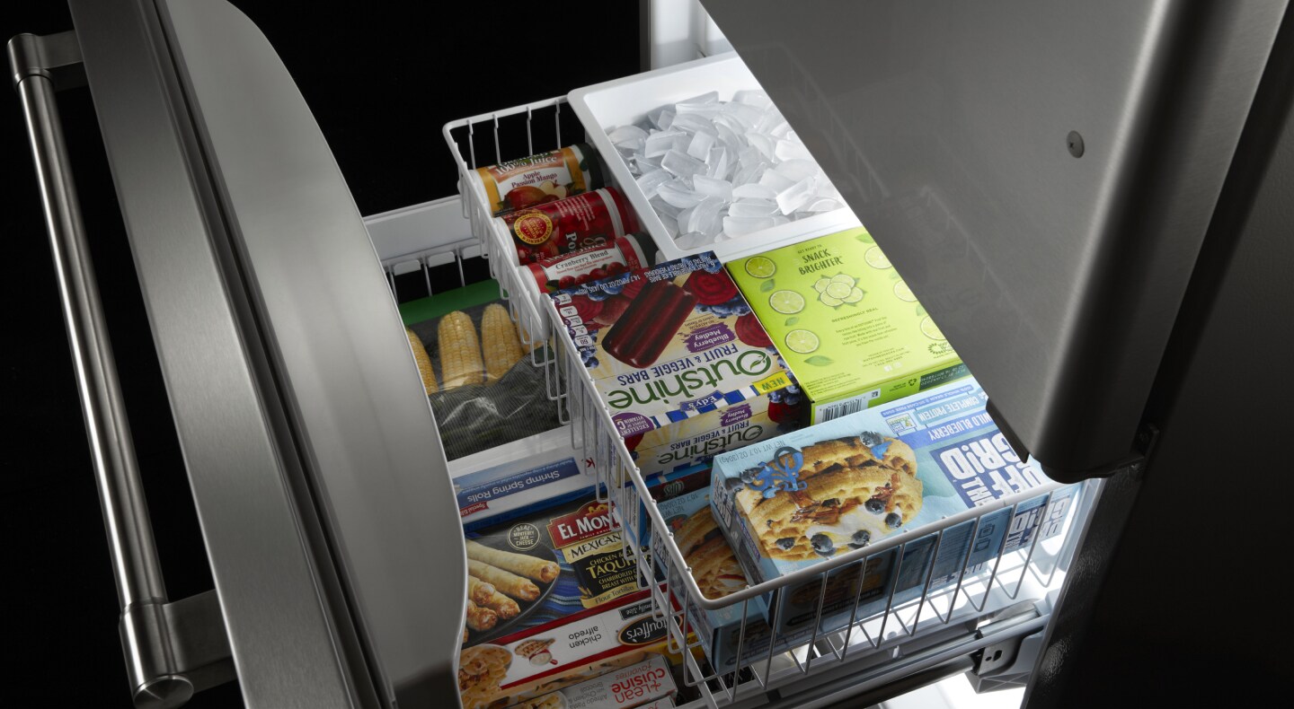 Bottom freezer opened to show contents Bottom freezer opened to show contents