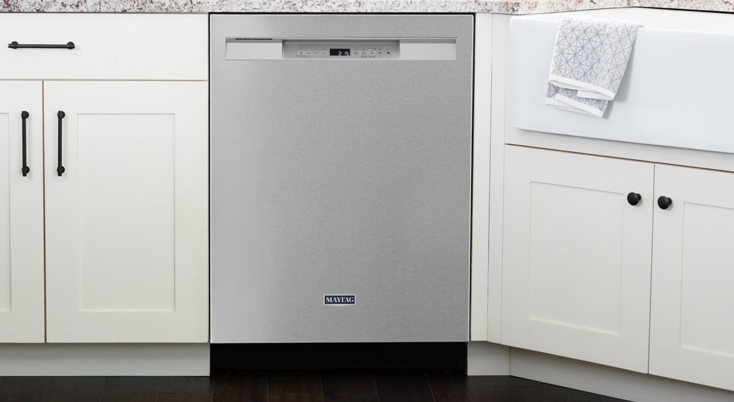 A Maytag® Stainless steel dishwasher in a modern kitchen