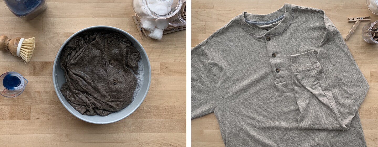 Gray shirt soaking in bucket of soapy water and shirt dry after being cleaned Gray shirt soaking in bucket of soapy water and shirt dry after being cleaned