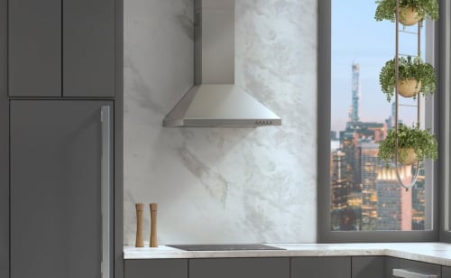 Range hood in a bright, airy kitchen