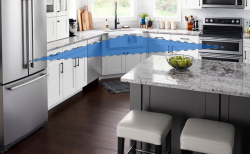 Work triangle in an L-shaped kitchen layout with island