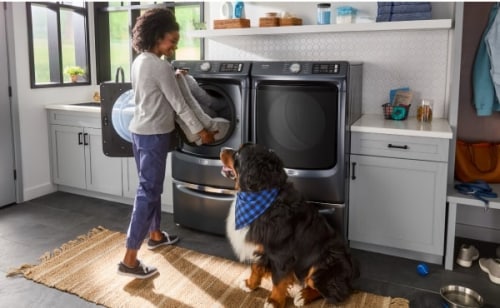 Person putting a dog bed in a washer