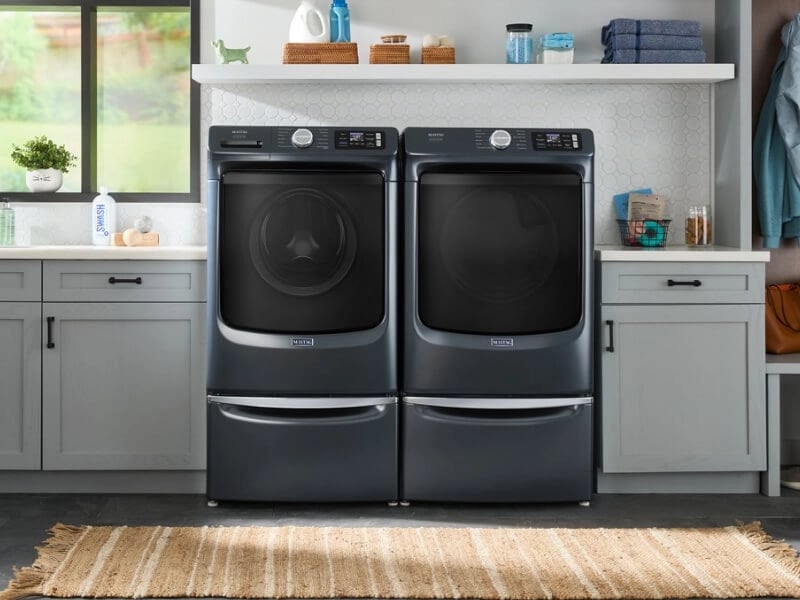 Midnight Steel Maytag® front load laundry pair in laundry room